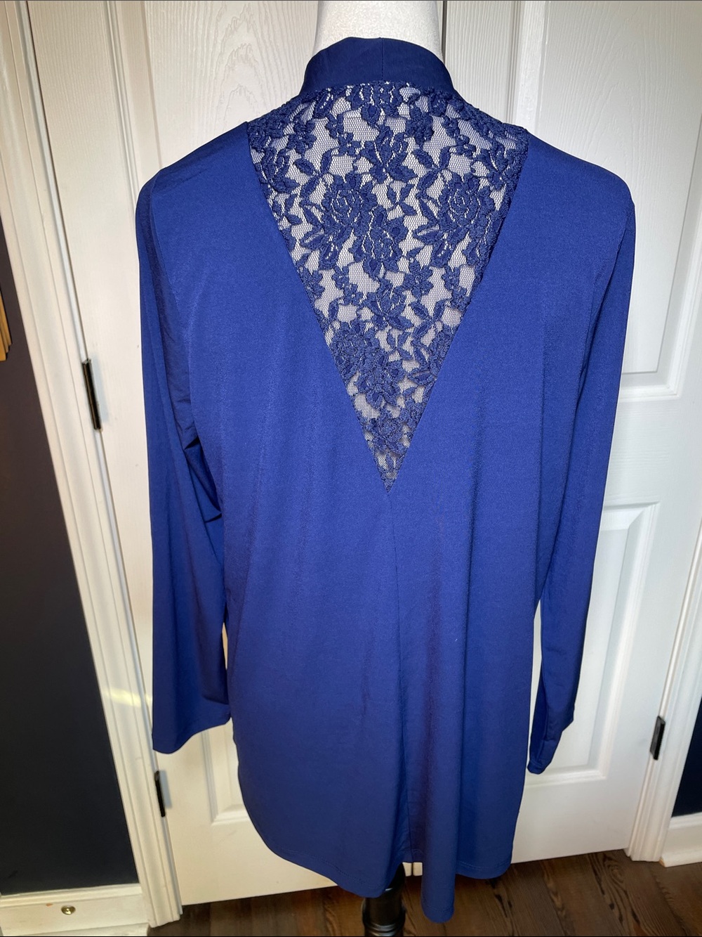 Susan Graver Navy Blue Open Front Cardigan Lace Back Long Sleeve Size M